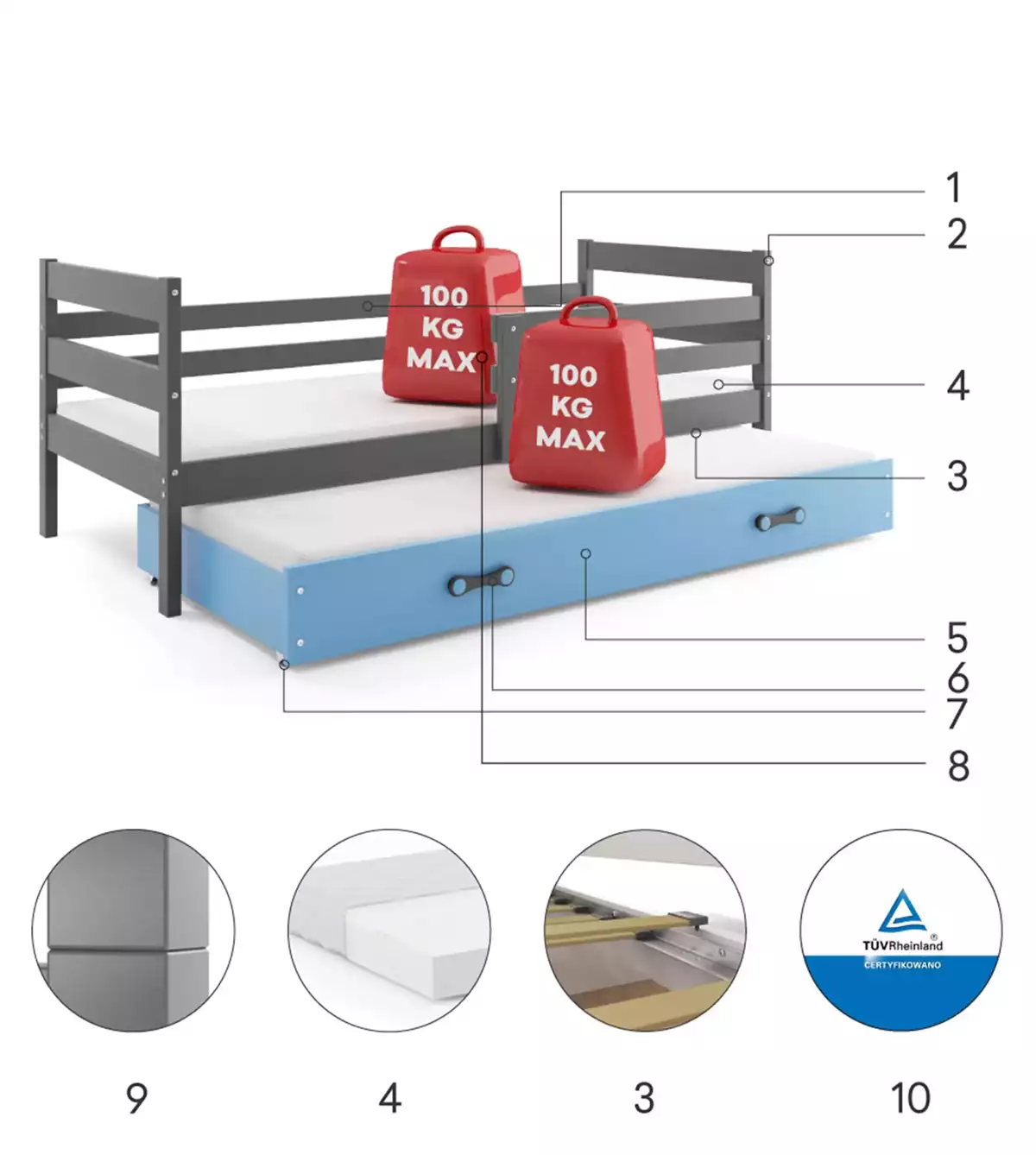 Komponenty pre výsuvnú detskú posteľ ERYK 80X190 s matracom a zásuvkou, grafit/modrá Komponenty pre výsuvnú detskú posteľ ERYK 80X190 s matracom a zásuvkou, grafit/modrá