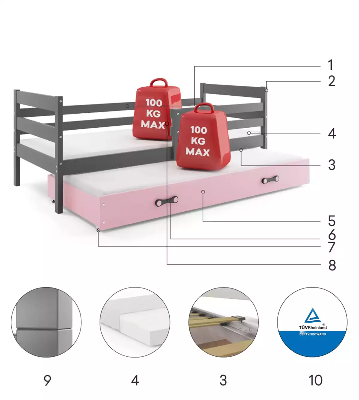 Komponenty pre výsuvnú detskú posteľ ERYK 80X190 s matracom a zásuvkou, grafit/ružová