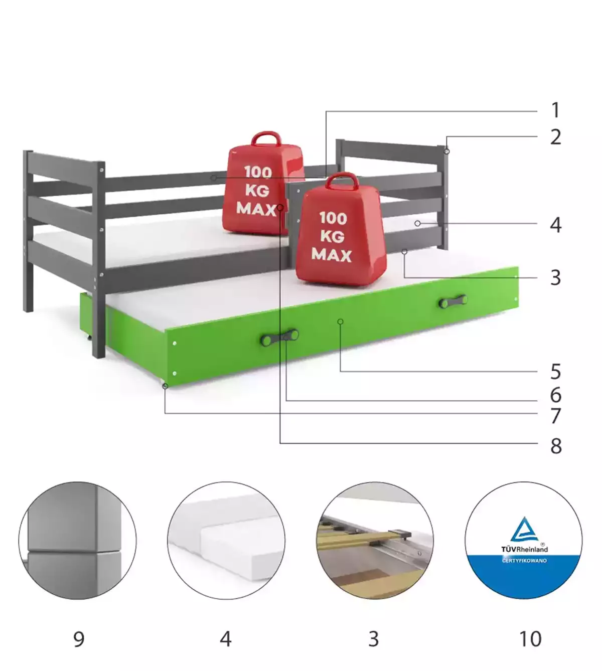 Komponenty pre výsuvnú detskú posteľ ERYK 80X190 s matracom a zásuvkou, grafit/zelená Komponenty pre výsuvnú detskú posteľ ERYK 80X190 s matracom a zásuvkou, grafit/zelená