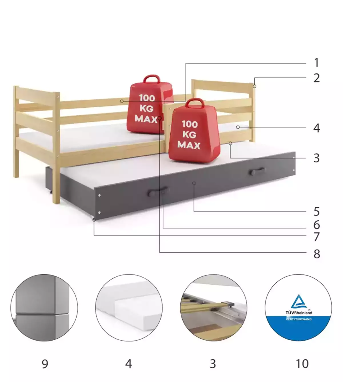 Komponenty pre výsuvnú detskú posteľ ERYK 80X190 s matracom a zásuvkou, borovica/grafit Komponenty pre výsuvnú detskú posteľ ERYK 80X190 s matracom a zásuvkou, borovica/grafit