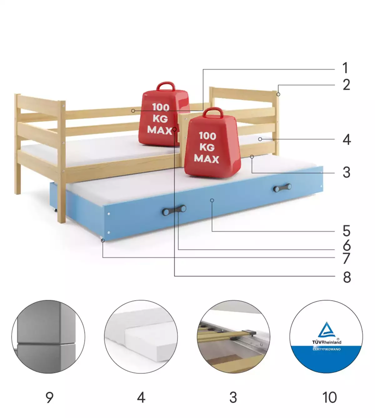 Komponenty pre výsuvnú detskú posteľ ERYK 80X190 s matracom a zásuvkou, borovica/modrá