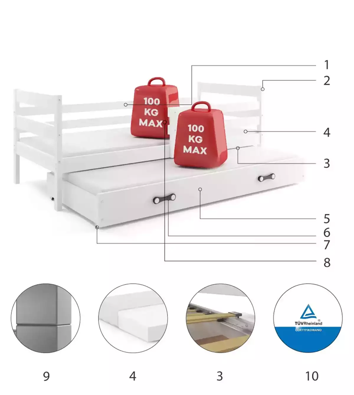 Komponenty pre výsuvnú detskú posteľ ERYK 80X190 so zásuvkou, biela