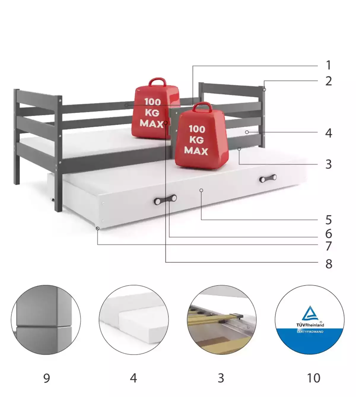 Komponenty pre výsuvnú detskú posteľ ERYK 90X200 s matracom a zásuvkou, grafit/biela Komponenty pre výsuvnú detskú posteľ ERYK 90X200 s matracom a zásuvkou, grafit/biela
