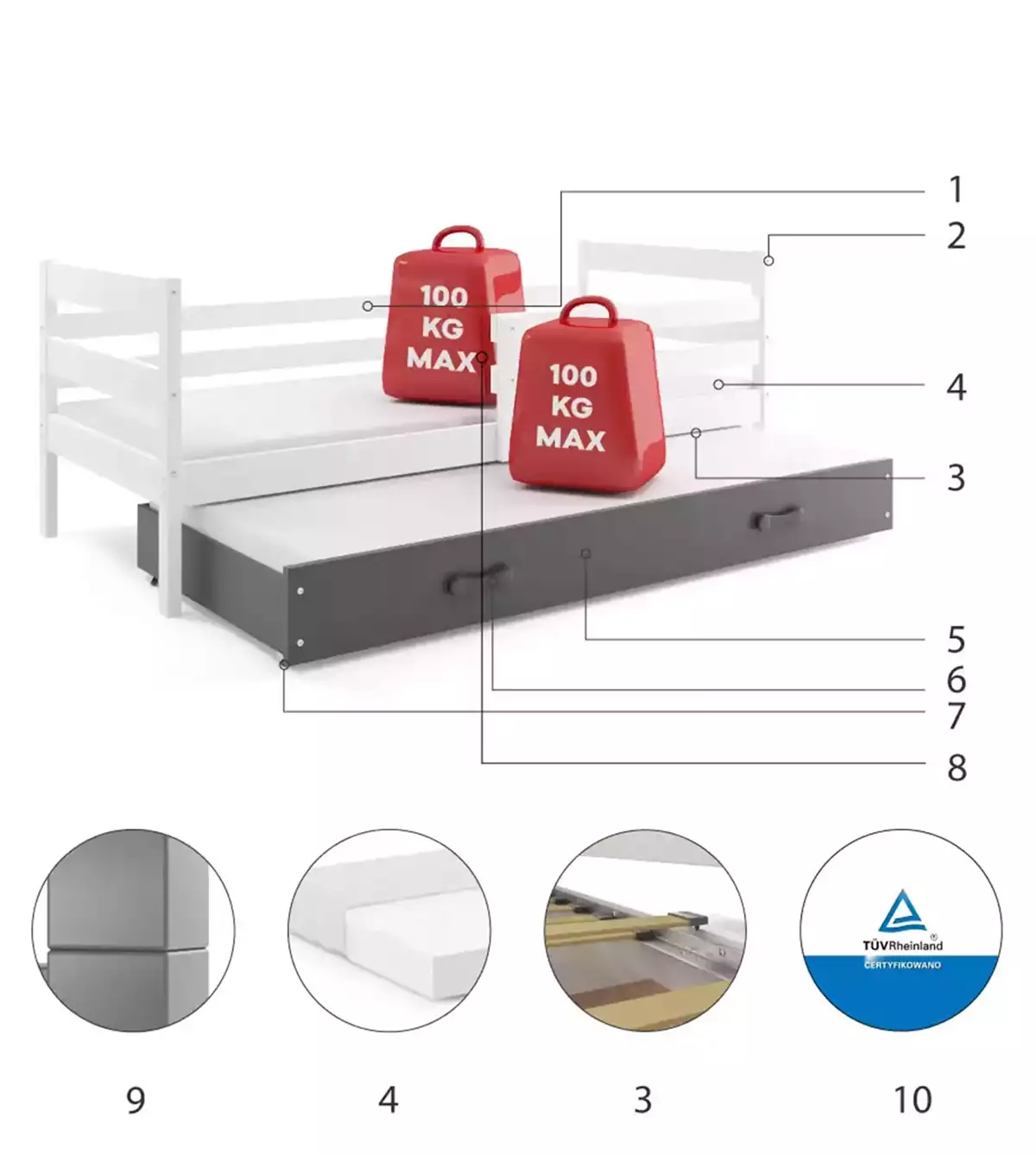 Komponenty pre výsuvnú detskú posteľ ERYK 90X200 so zásuvkou, biela/grafit