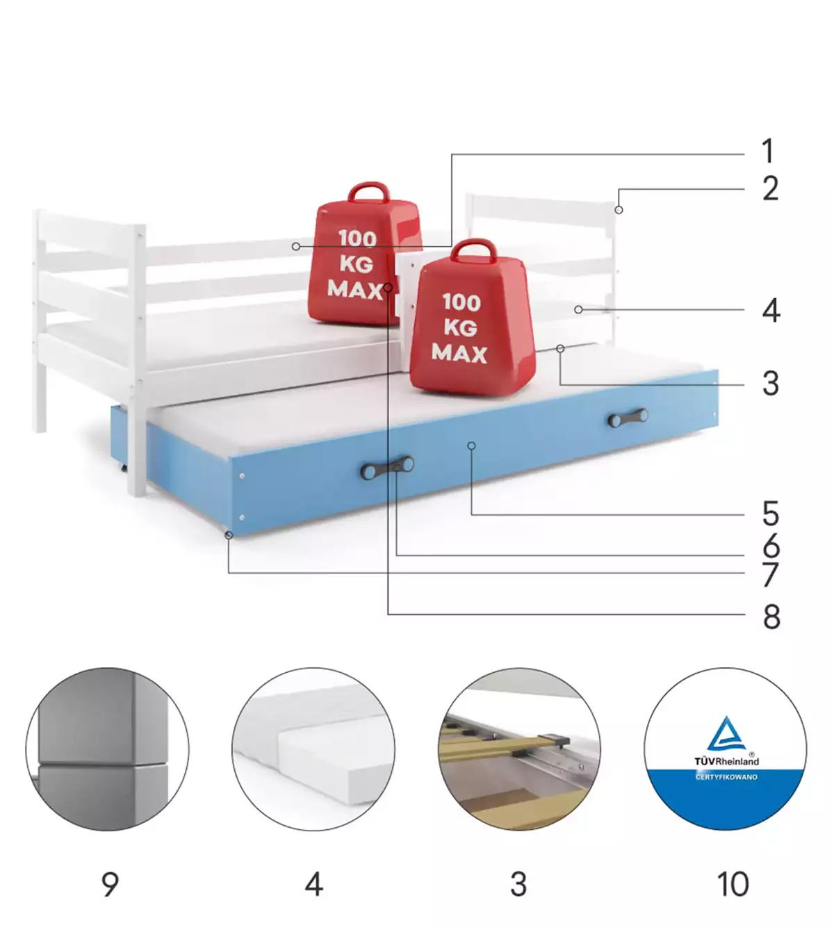 Komponenty pre mládežnícku výsuvnú posteľ ERYK 90X200 so zásuvkou, bielo/modrá