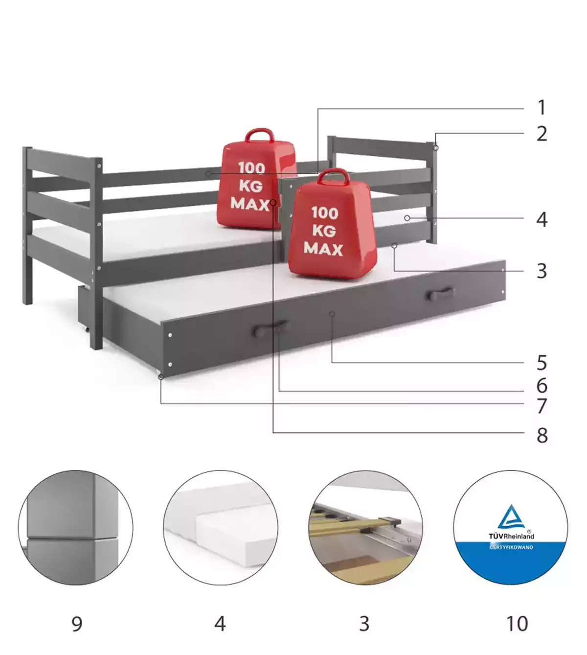 Komponenty pre výsuvnú detskú posteľ ERYK 90X200 so zásuvkou, grafit