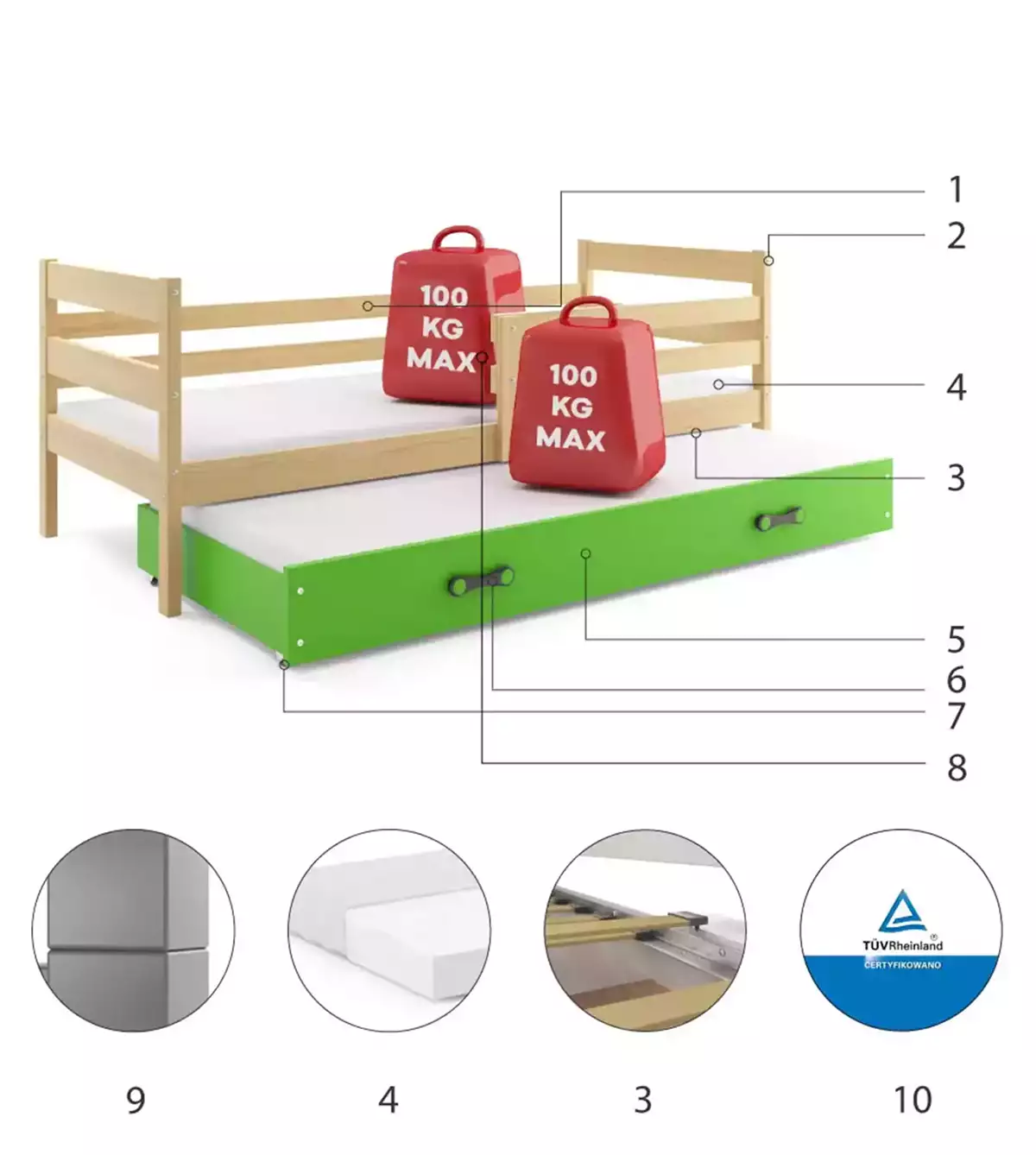 Komponenty pre výsuvnú detskú posteľ ERYK 90X200 so zásuvkou, borovica/zelená Komponenty pre výsuvnú detskú posteľ ERYK 90X200 so zásuvkou, borovica/zelená