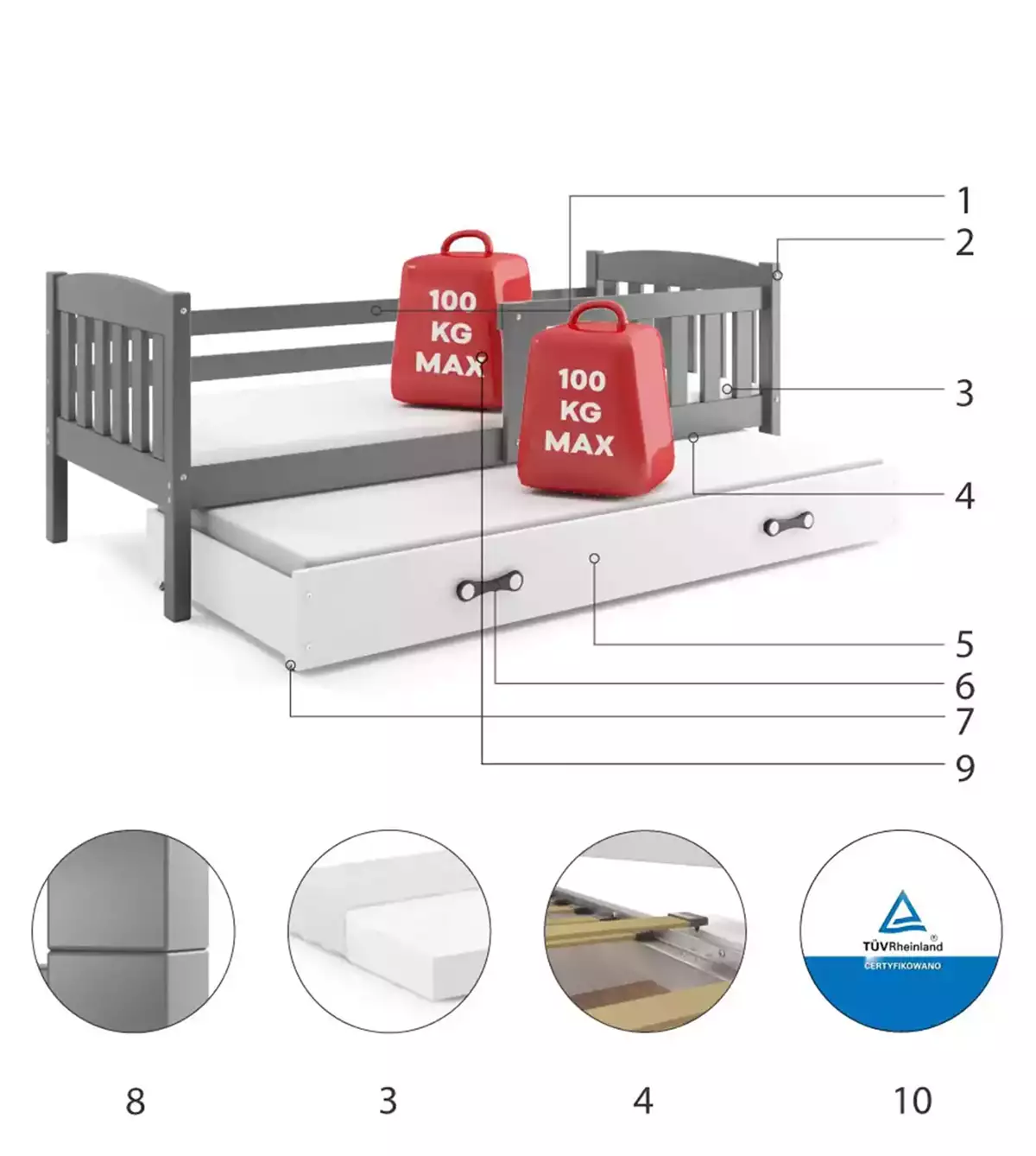 Komponenty pre výsuvnú detskú posteľ KUBUŚ 90X200 s matracom a zásuvkou, grafit/biela