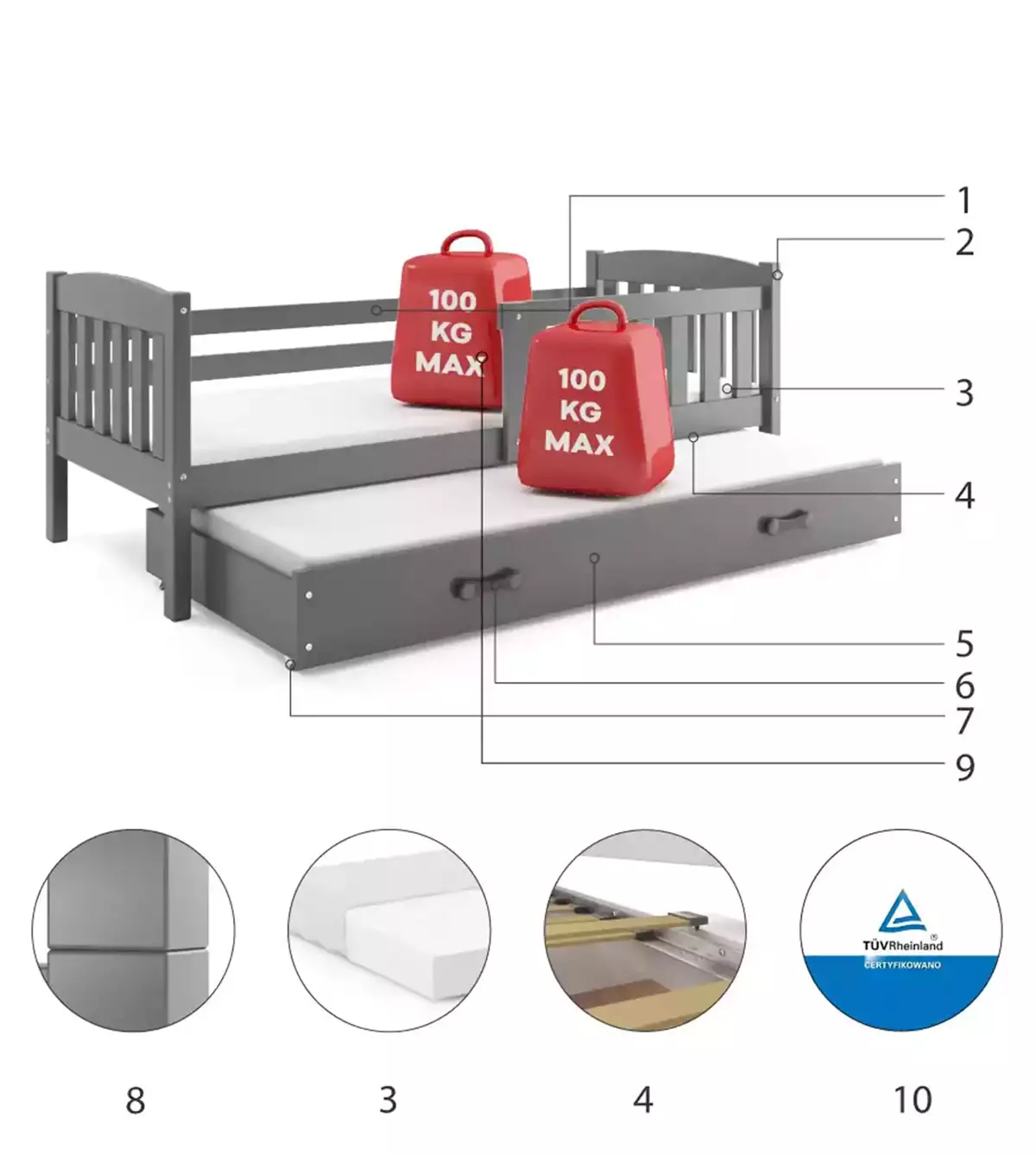 Komponenty pre vysúvaciu posteľ pre mládež KUBUŚ 90X200 s matracom a zásuvkou, grafit
