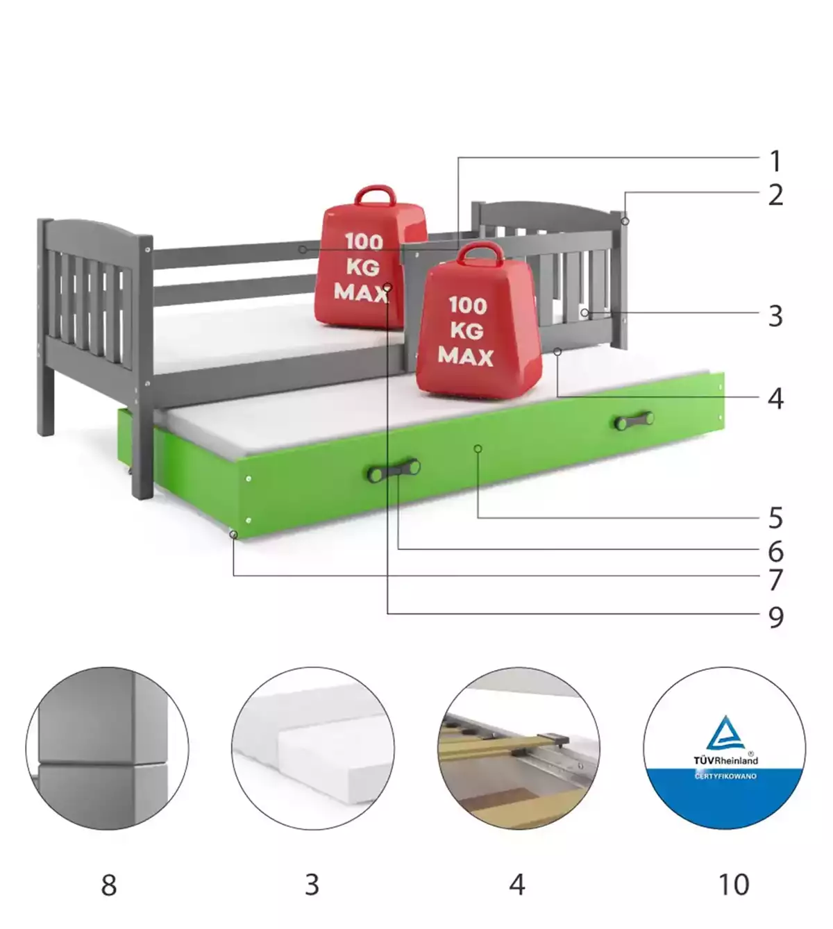 Komponenty pre rozťahovaciu posteľ pre mládež KUBUŚ 90X200 s matracom a zásuvkou, grafit/zelená