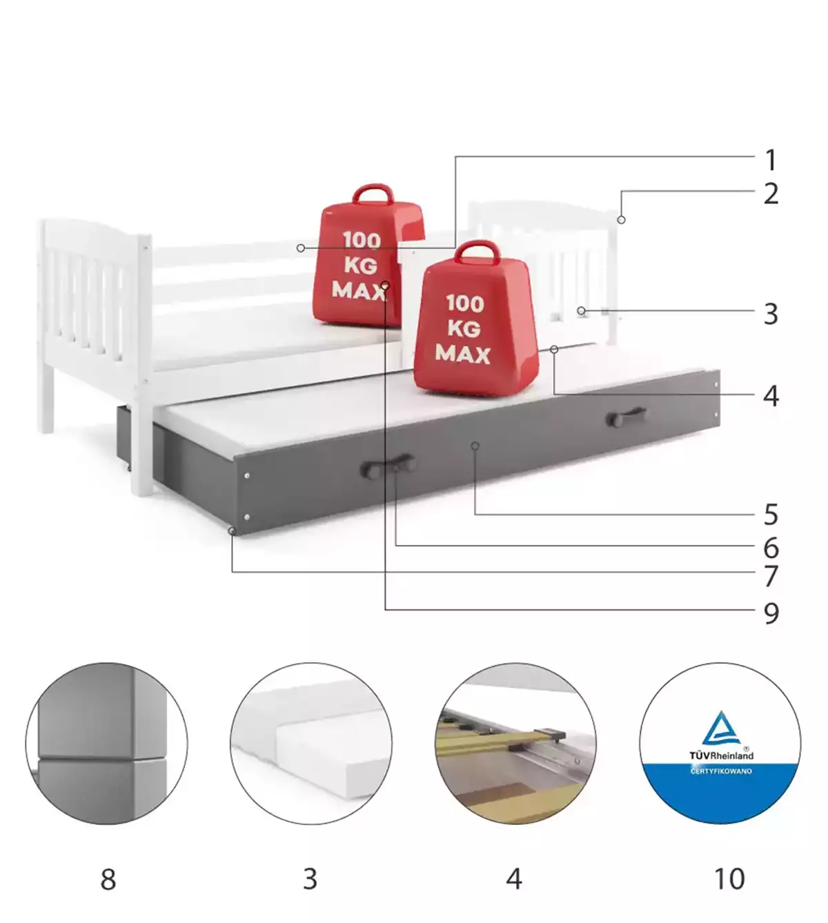 Komponenty pre vysúvaciu posteľ pre mládež KUBUŚ 90X200 so zásuvkou, biela/grafit Komponenty pre vysúvaciu posteľ pre mládež KUBUŚ 90X200 so zásuvkou, biela/grafit