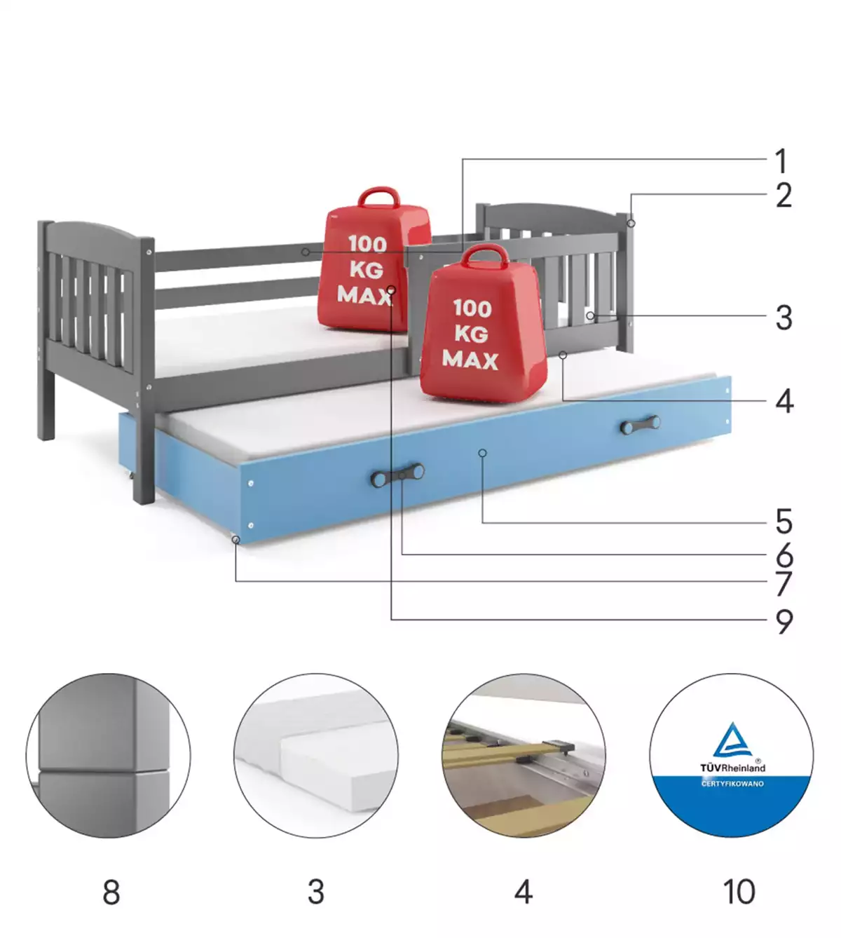 Komponenty pre vysúvaciu posteľ pre mládež KUBUŚ 90X200 so zásuvkou, grafit/modrá