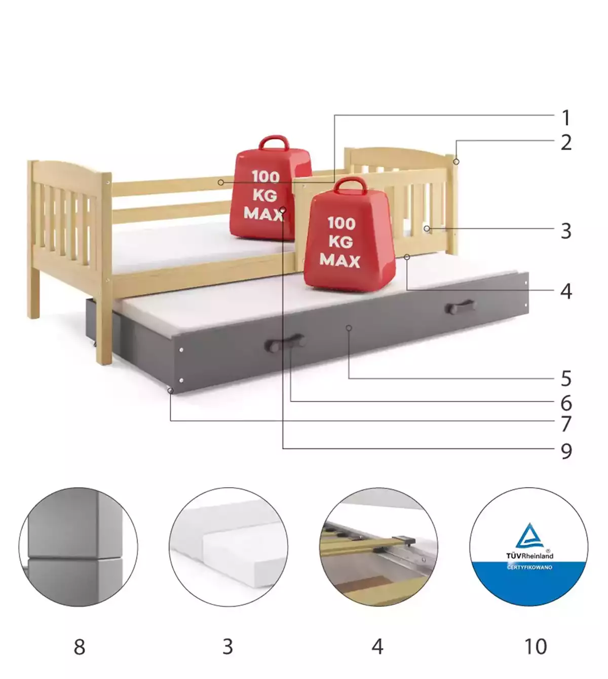 Komponenty pre vysúvaciu posteľ pre mládež KUBUŚ 90X200 so zásuvkou, borovica/grafit