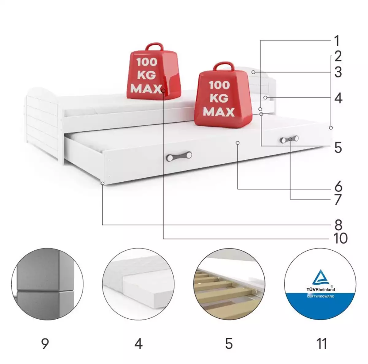 Komponenty pre výsuvnú posteľ LILI pre tínedžerov 90X200 s matracom a zásuvkou, biela