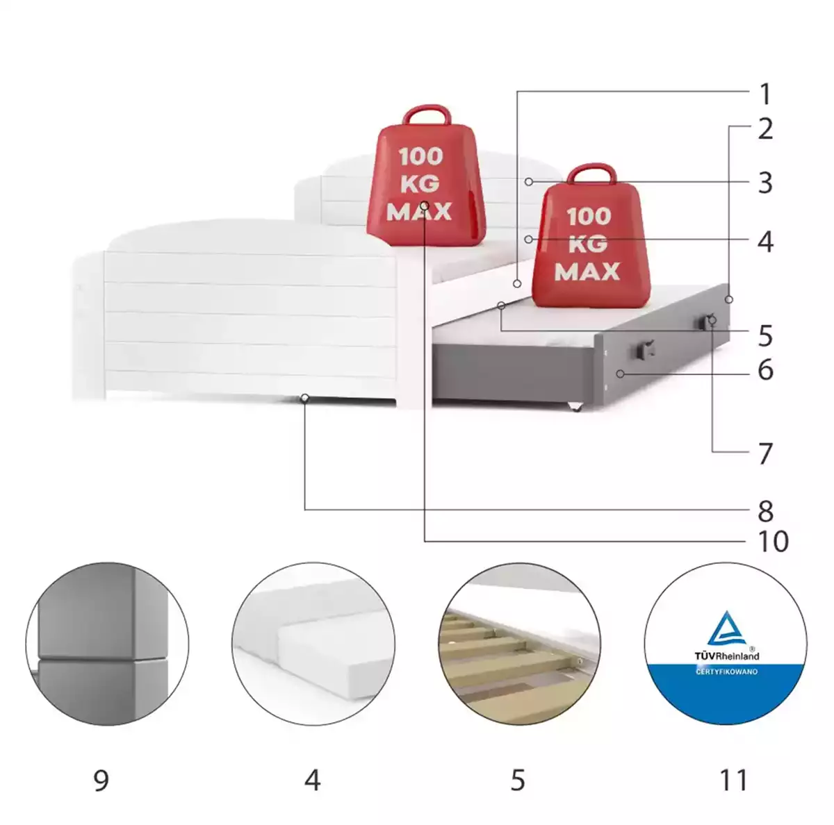 Komponenty pre výsuvnú posteľ LILI pre tínedžerov 90X200 s matracom a zásuvkou, biela/grafit