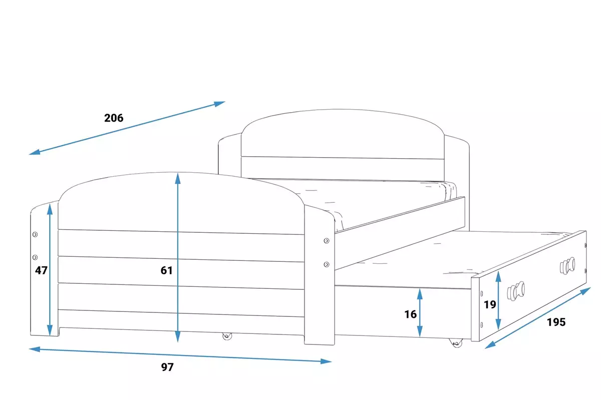 Rozmery a špecifikácie pre LILI výsuvnú posteľ pre tínedžerov 90X200 s matracom a zásuvkou, bielo/modrá