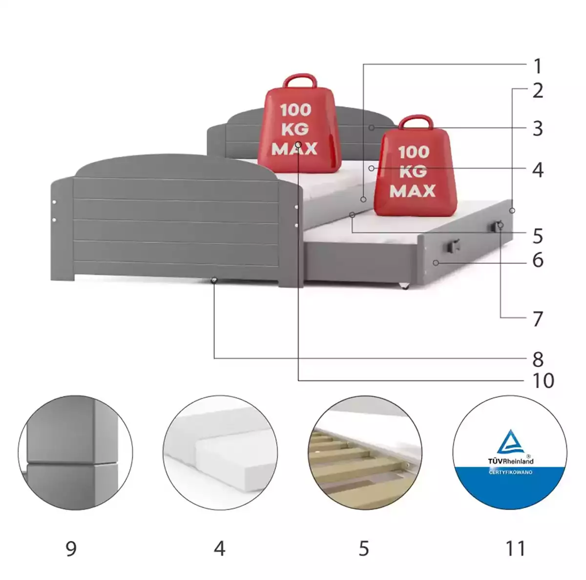 Komponenty pre výsuvnú posteľ LILI pre tínedžerov 90X200 s matracom a zásuvkou, grafit
