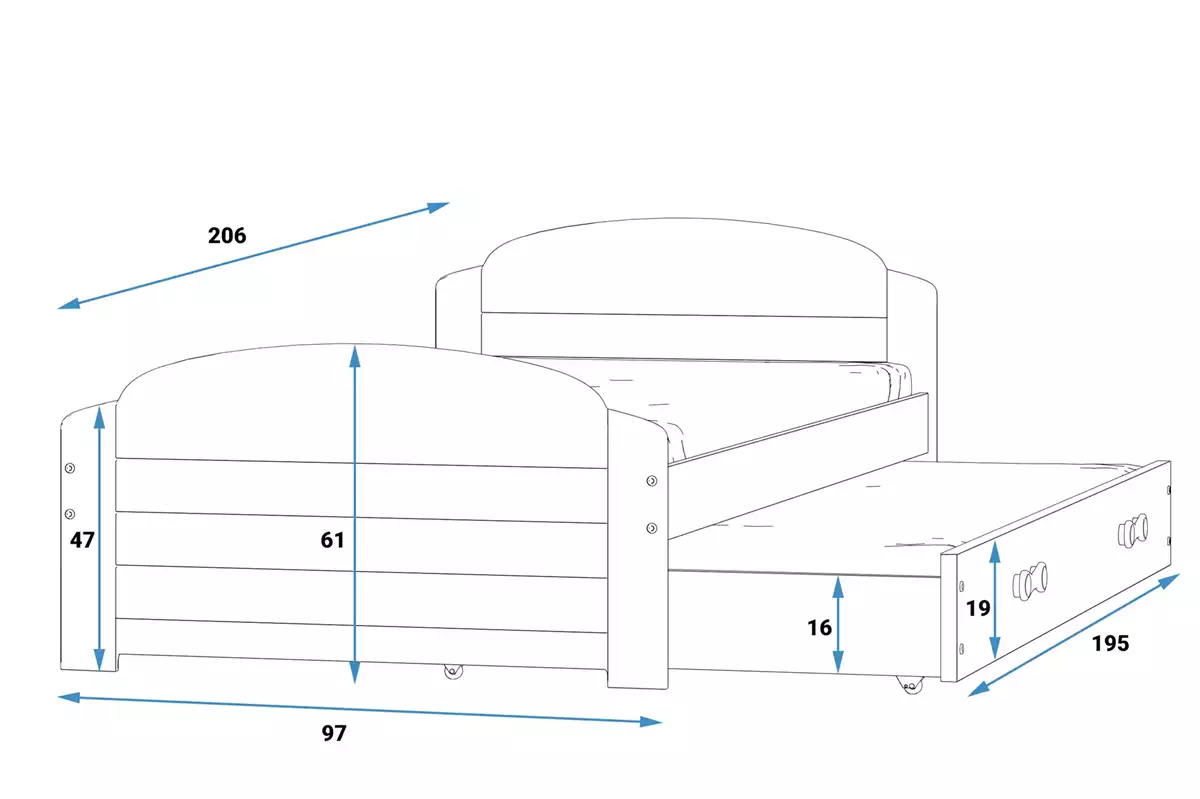 Rozmery a špecifikácie pre mládežnícku výsuvnú posteľ LILI 90X200 s matracom a zásuvkou, grafit/modrá Rozmery a špecifikácie pre mládežnícku výsuvnú posteľ LILI 90X200 s matracom a zásuvkou, grafit/modrá