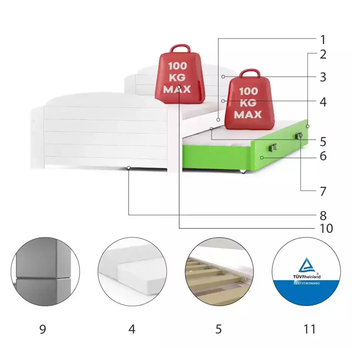 Komponenty pre výsuvnú posteľ LILI pre tínedžerov 90X200 so zásuvkou, biela/zelená Komponenty pre výsuvnú posteľ LILI pre tínedžerov 90X200 so zásuvkou, biela/zelená