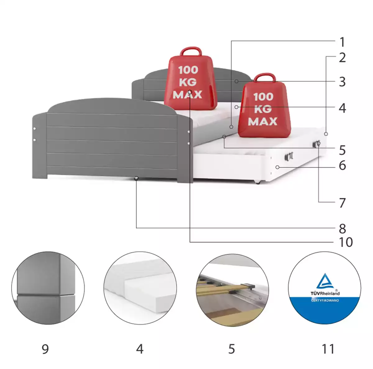 Komponenty pre výsuvnú posteľ LILI pre tínedžerov 90X200 so zásuvkou, grafit/biela Komponenty pre výsuvnú posteľ LILI pre tínedžerov 90X200 so zásuvkou, grafit/biela