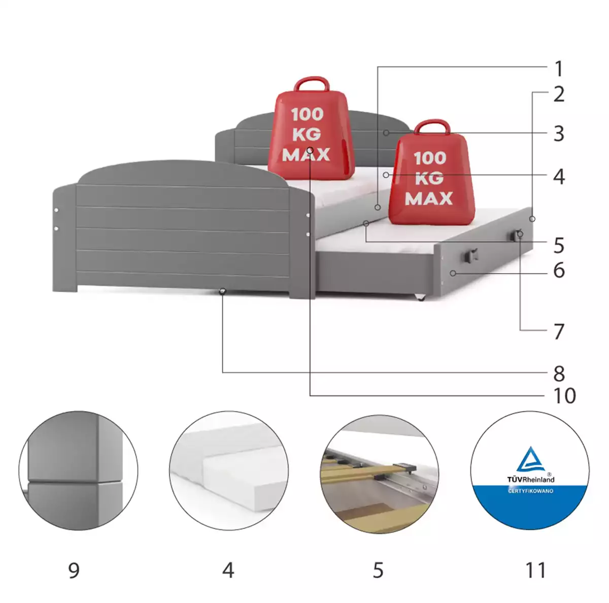Komponenty pre výsuvnú posteľ LILI pre tínedžerov 90X200 so zásuvkou, grafit