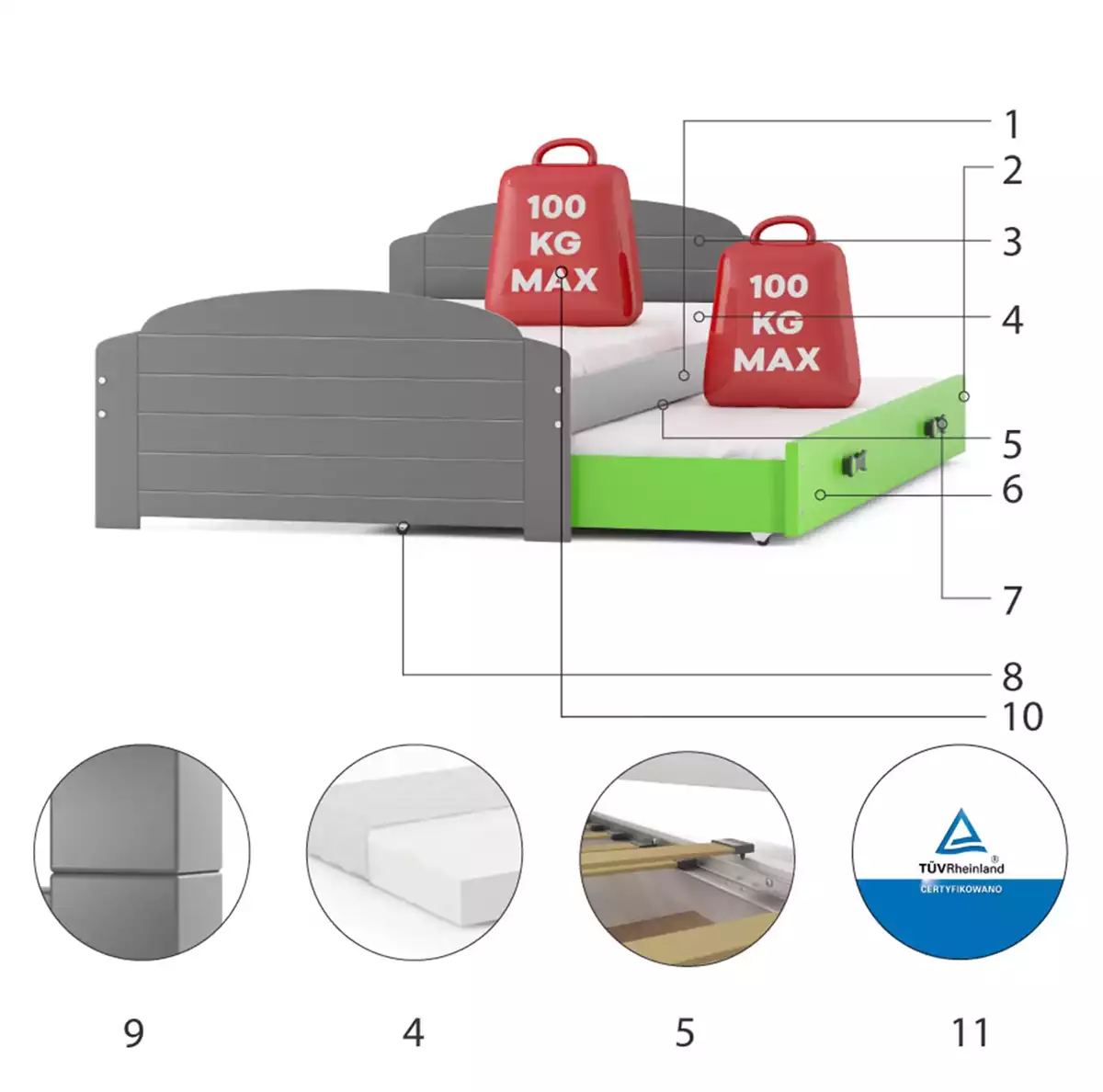 Komponenty pre výsuvnú posteľ LILI pre tínedžerov 90X200 so zásuvkou, grafit/zelená Komponenty pre výsuvnú posteľ LILI pre tínedžerov 90X200 so zásuvkou, grafit/zelená