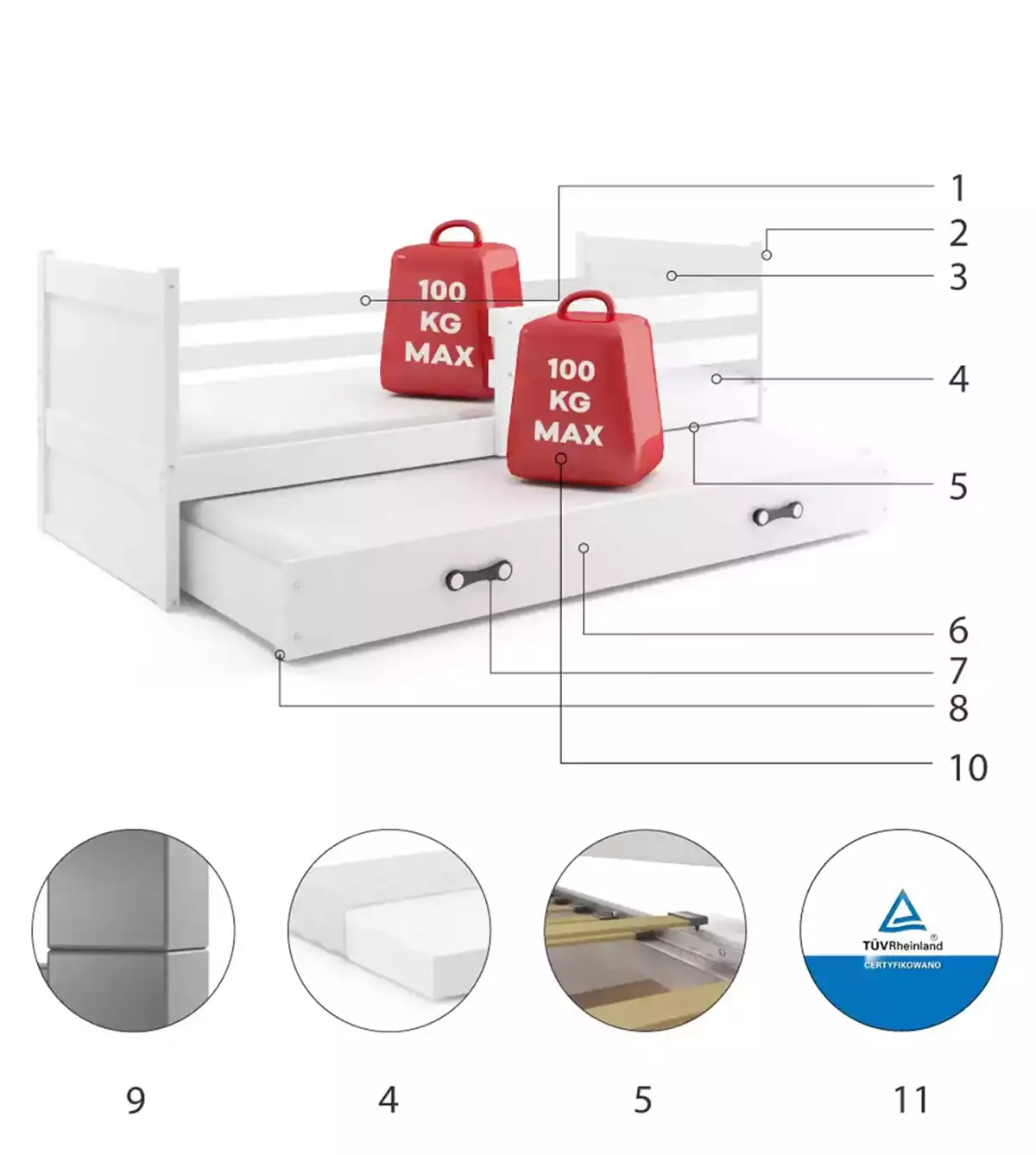 Komponenty pre výsuvnú posteľ RICO pre tínedžerov 90X200 s matracom a zásuvkou, biela