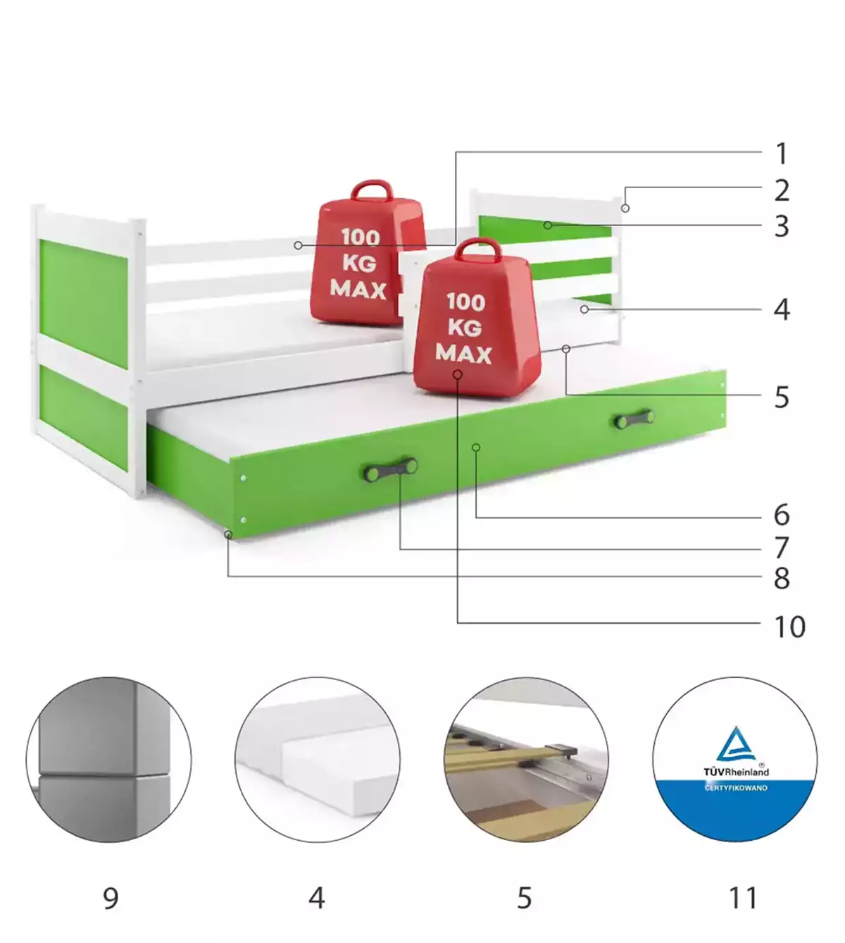 Komponenty pre výsuvnú posteľ RICO pre tínedžerov 90X200 s matracom a zásuvkou, biela/zelená