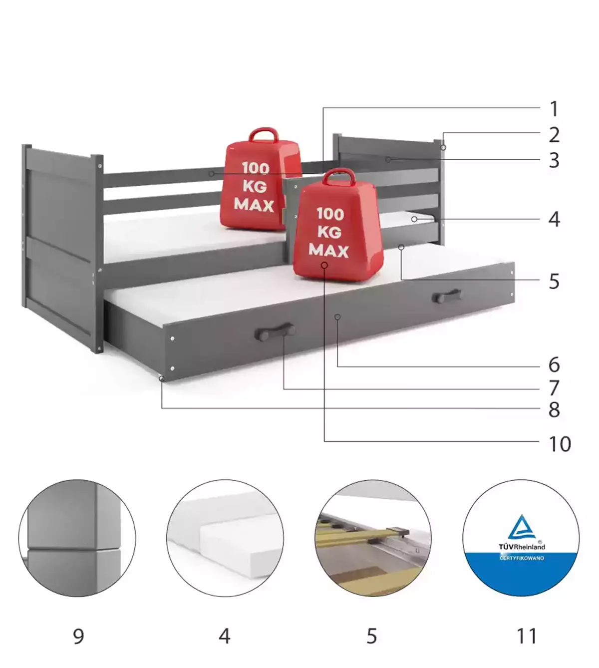 Komponenty pre výsuvnú detskú posteľ RICO 90X200 s matracom a zásuvkou, grafit