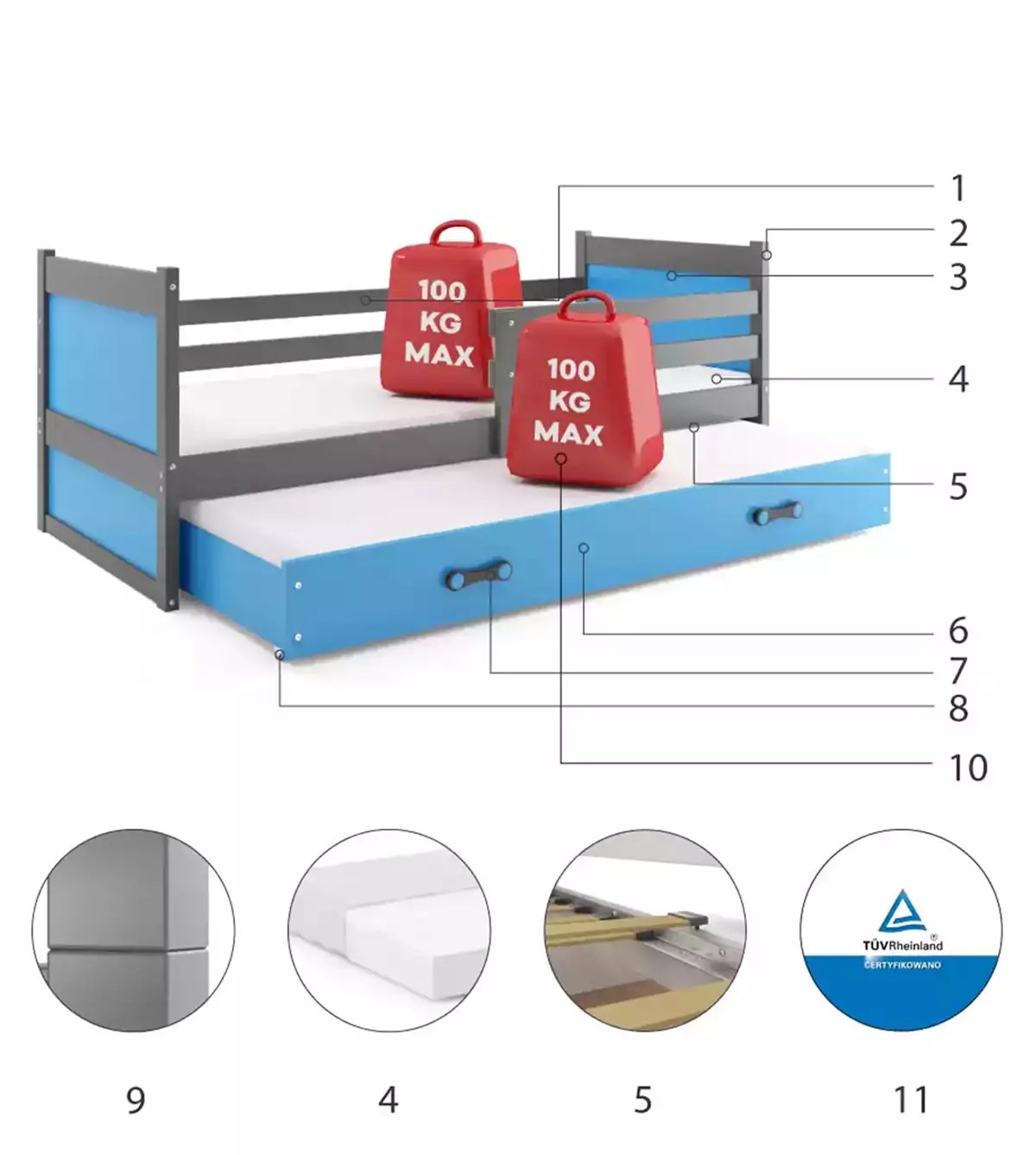 Komponenty pre výsuvnú detskú posteľ RICO 90X200 s matracom a zásuvkou, grafit/modrá