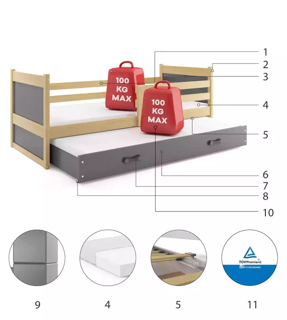 Komponenty pre výsuvnú posteľ RICO pre tínedžerov 90X200 s matracom a zásuvkou, borovica/grafit