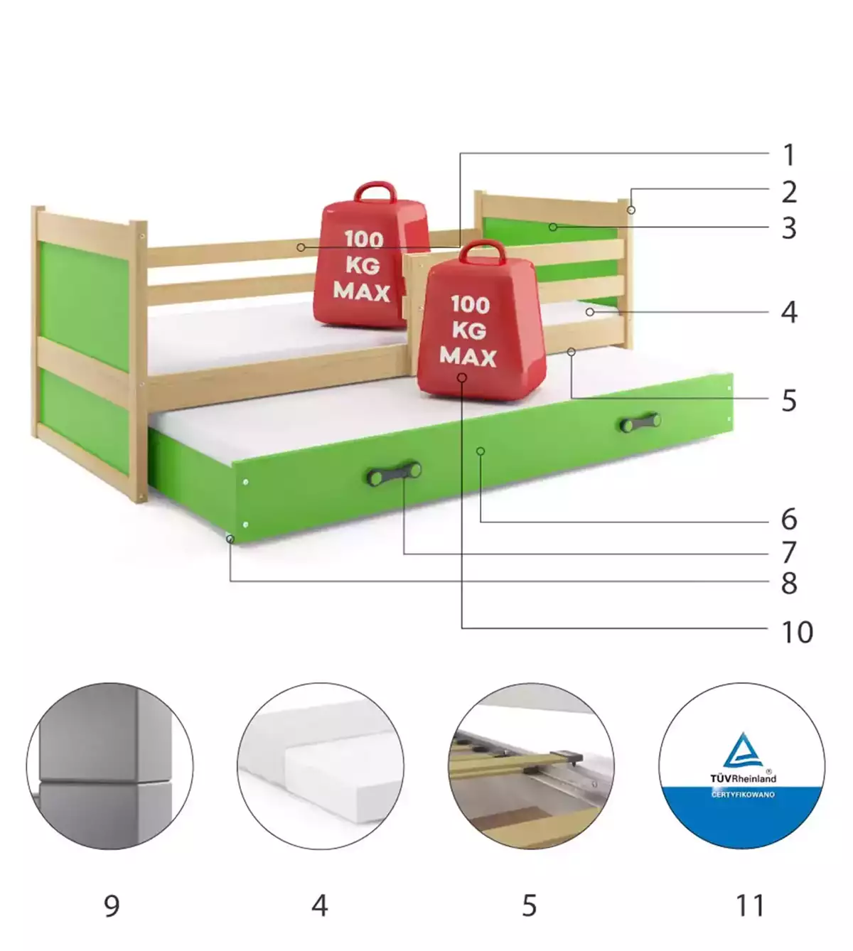 Komponenty pre výsuvnú posteľ RICO pre tínedžerov 90X200 s matracom a zásuvkou, borovica/zelená