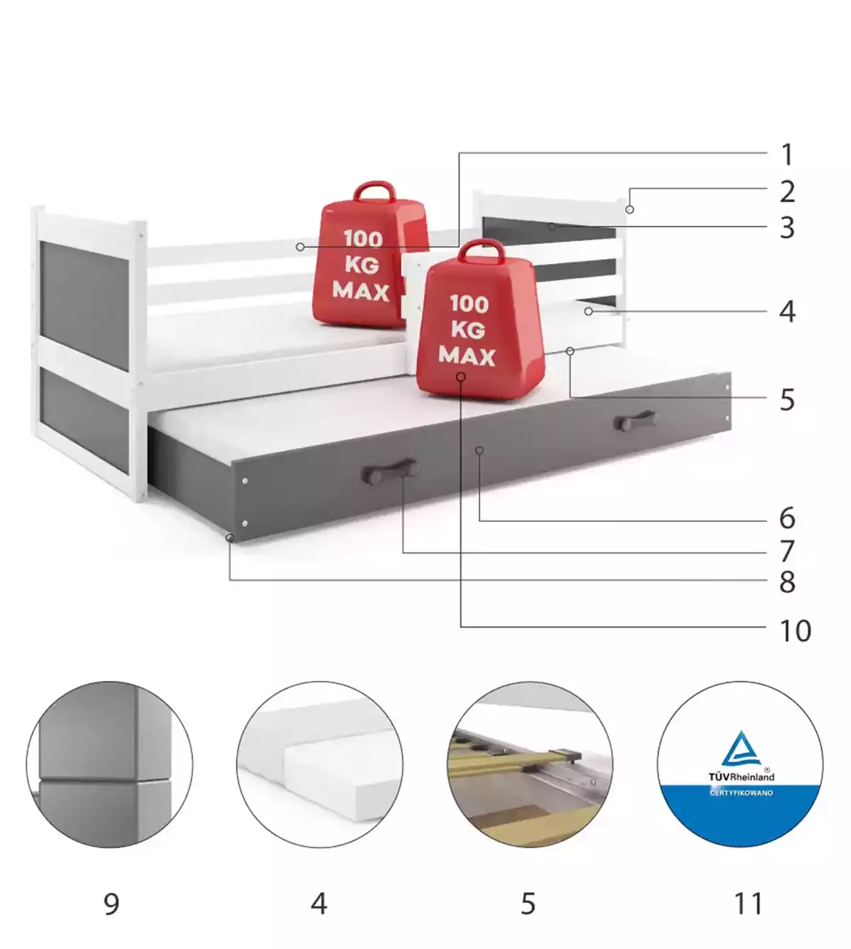 Komponenty pre výsuvnú posteľ RICO pre tínedžerov 90X200 so zásuvkou, biela/grafit