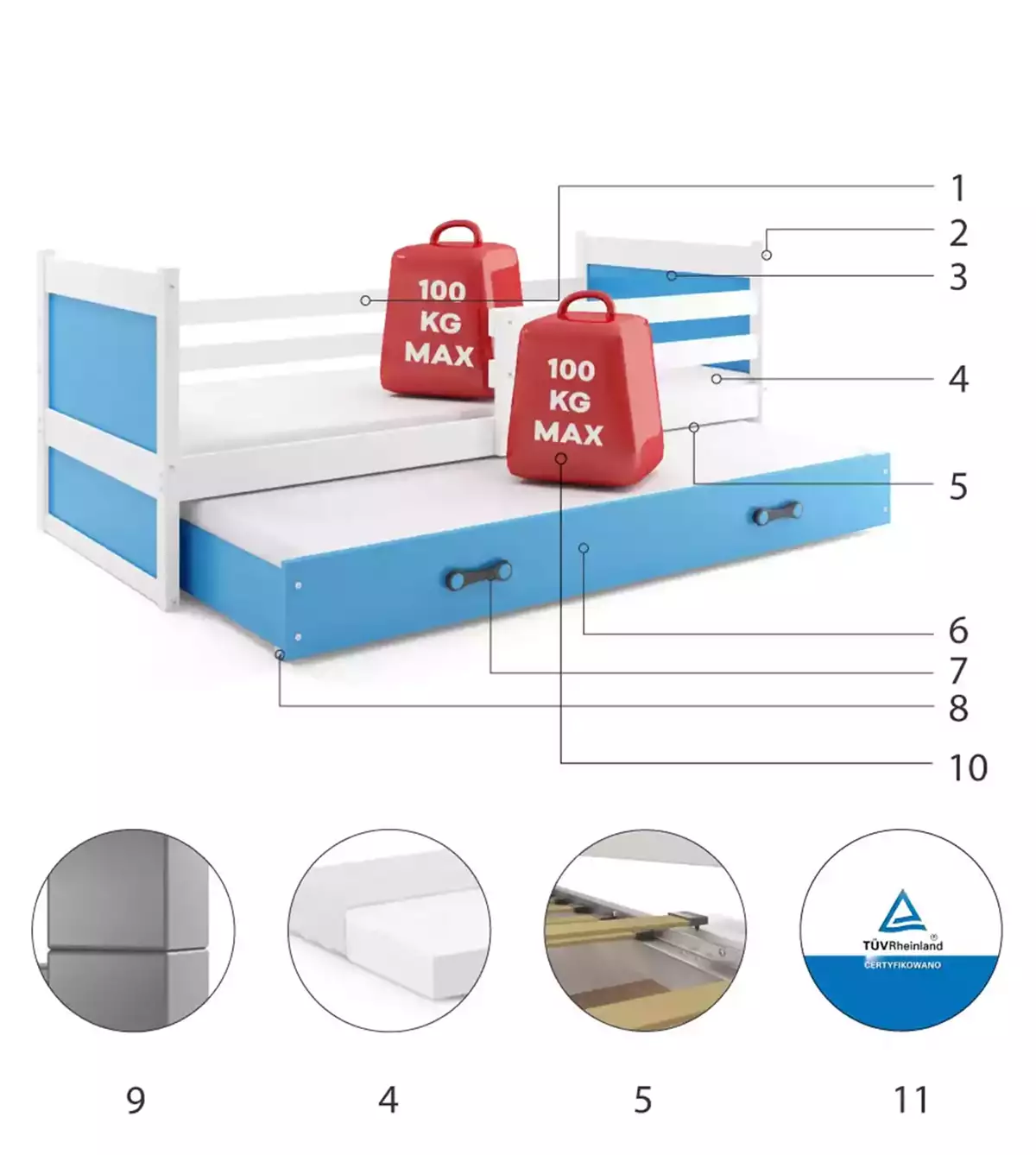 Komponenty pre výsuvnú posteľ RICO pre tínedžerov 90X200 so zásuvkou, bielo/modrá