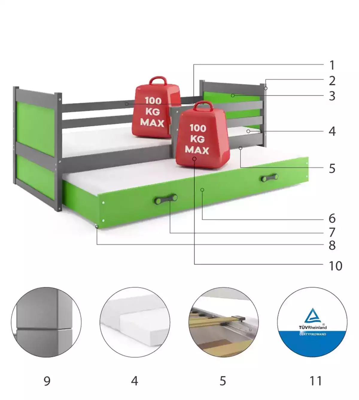 Komponenty pre výsuvnú posteľ RICO pre tínedžerov 90X200 so zásuvkou, grafit/zelená
