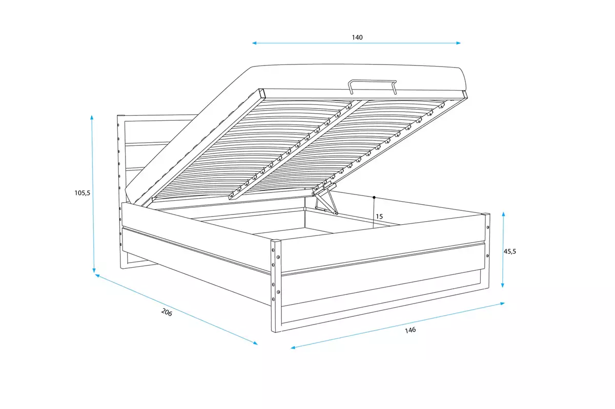 Rozmery a špecifikácie pre posteľ LOFT do spálne 140X200 s úložným priestorom, vyrobené z dubového dreva