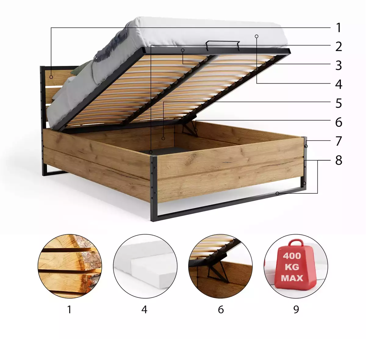 Komponenty do spálne LOFT posteľ 160X200 s matracom a kontajnerom, vyrobené z dubového dreva Komponenty do spálne LOFT posteľ 160X200 s matracom a kontajnerom, vyrobené z dubového dreva