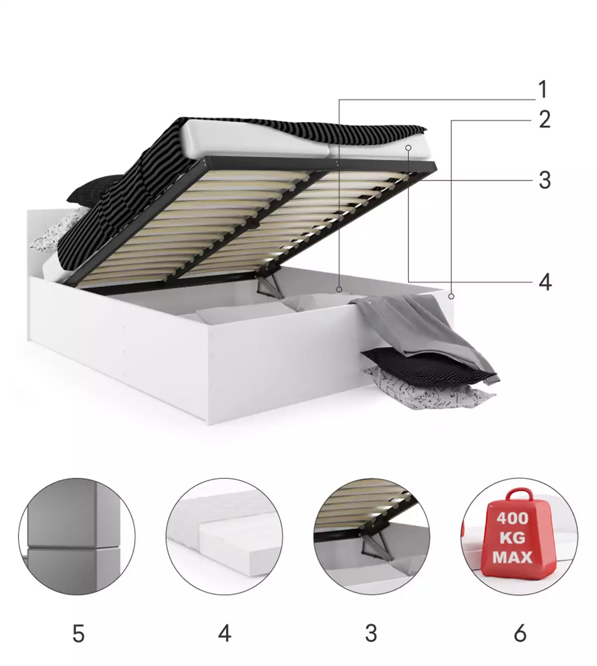 Komponenty do spálne PANAMAX posteľ 160X200 s úložným priestorom, biela