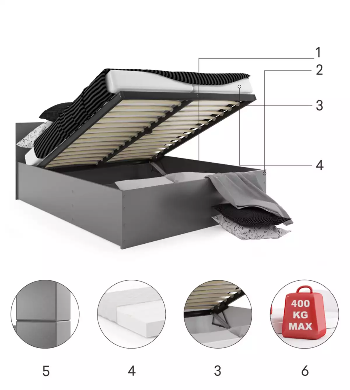 Komponenty do spálne PANAMAX posteľ 160X200 s úložným priestorom, grafit