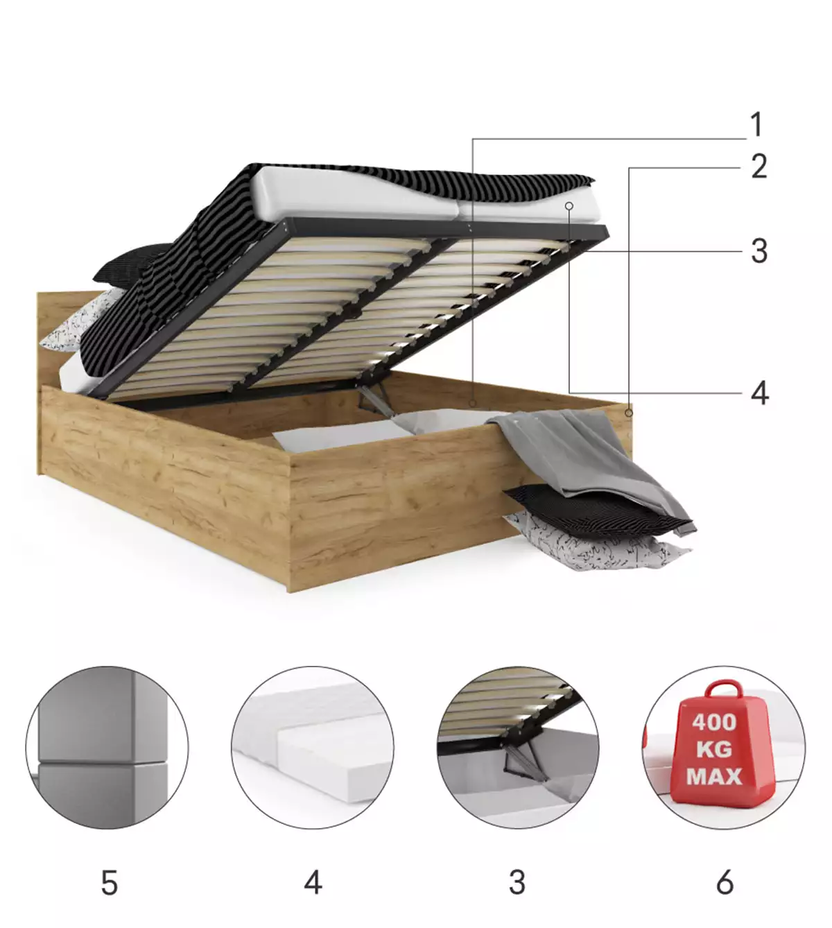 Komponenty pre posteľ do spálne PANAMAX 160X200 s úložným priestorom, kraft