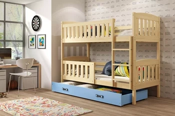 Juniorská poschodová posteľ KUBUŚ 90X200 s matracom a zásuvkou, borovicová/modrá