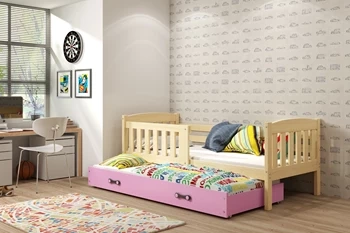 Výsuvná posteľ pre mladých KUBUŚ 90X200 s matracom a zásuvkou, borovicová/ružová