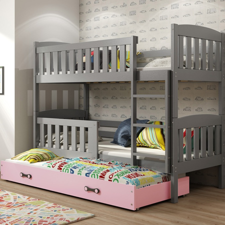 Trojposteľ KUBUŚ 90X190 so zásuvkou, grafit/ružová