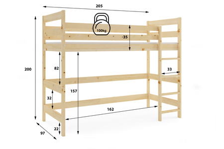 Poschodová posteľ pre mladých - mezanín z prírodného dreva 90x200