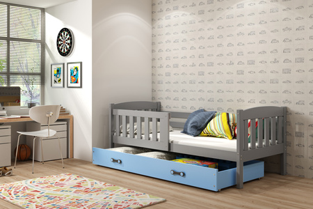 Detská jednolôžková posteľ KUBUŚ 80X160 s matracom a zásuvkou, grafit/modrá