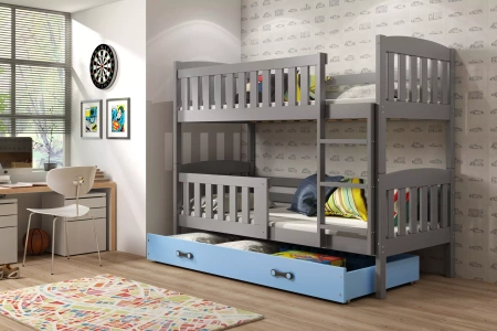 Poschodová posteľ KUBUŚ 90X200 so zásuvkou, grafit/modrá