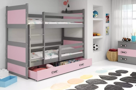 Poschodová posteľ pre mladých 90x190 so zásuvkou - Rico grafit/ružová s matracom