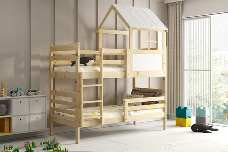 Poschodová posteľ domček s baldachýnom - Erik z prírodného dreva 90x190