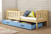 KUBUŚ 80X190 jednolôžková posteľ pre mladých s matracom a zásuvkou, borovicová/modrá