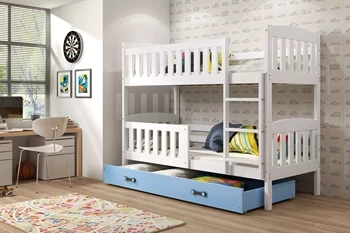 Juniorská poschodová posteľ KUBUŚ 90X200 s matracom a zásuvkou, biela/modrá